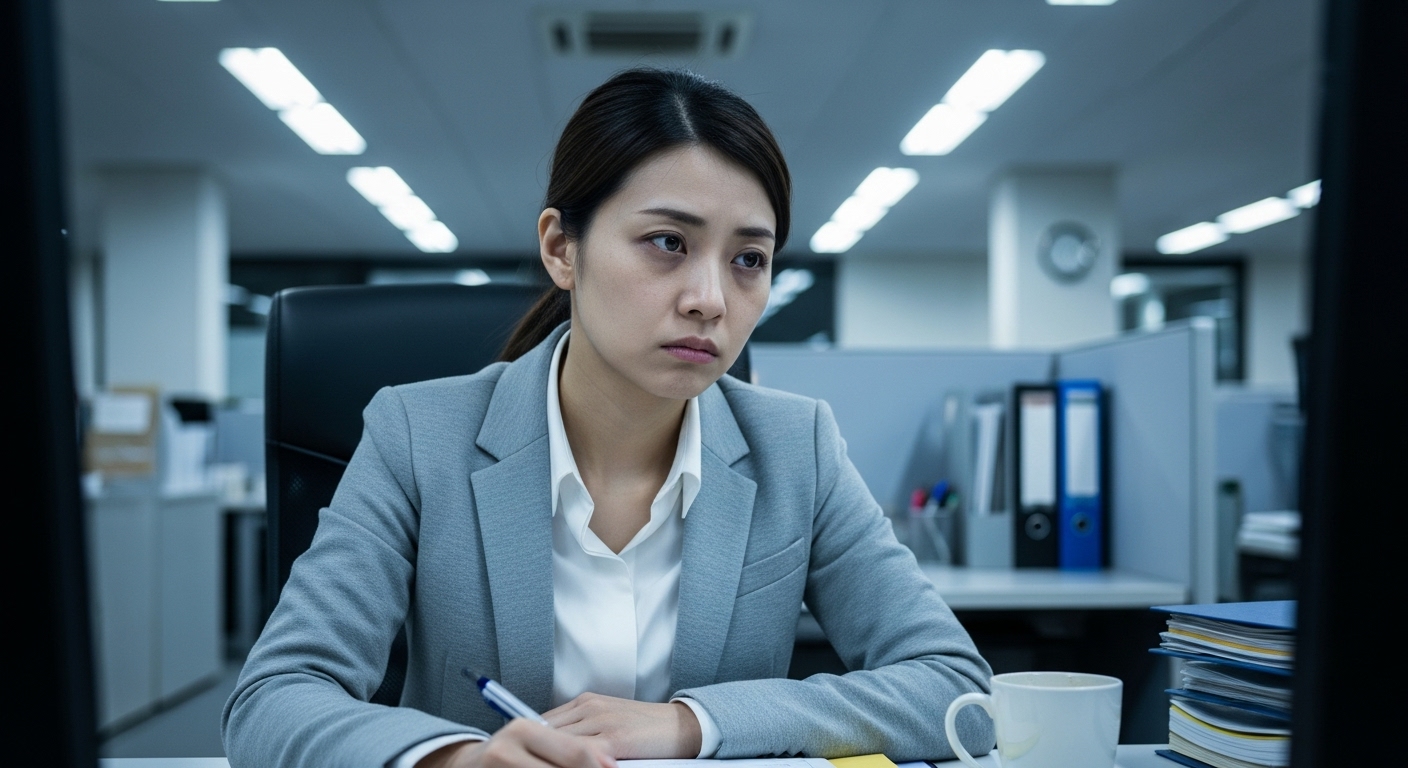 オフィスの蛍光灯の下で疲れ顔に落ち込む女性