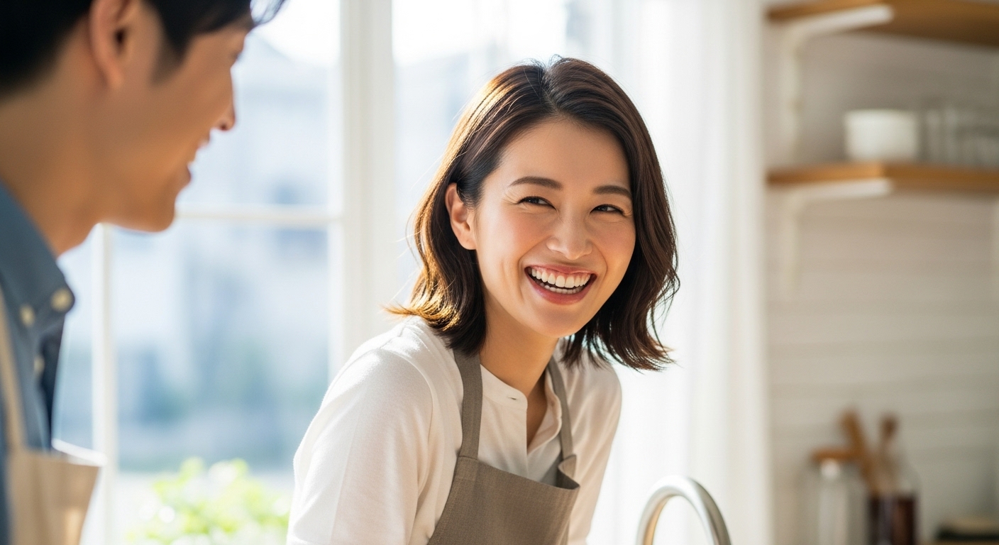 キッチンでパートナーと料理を楽しむ幸せな女性