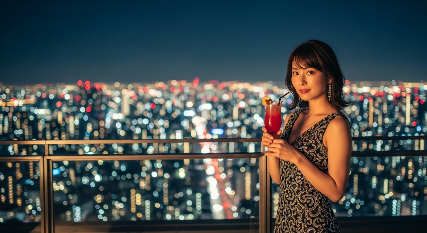 夜景の見えるバーで佇むエレガントな女性