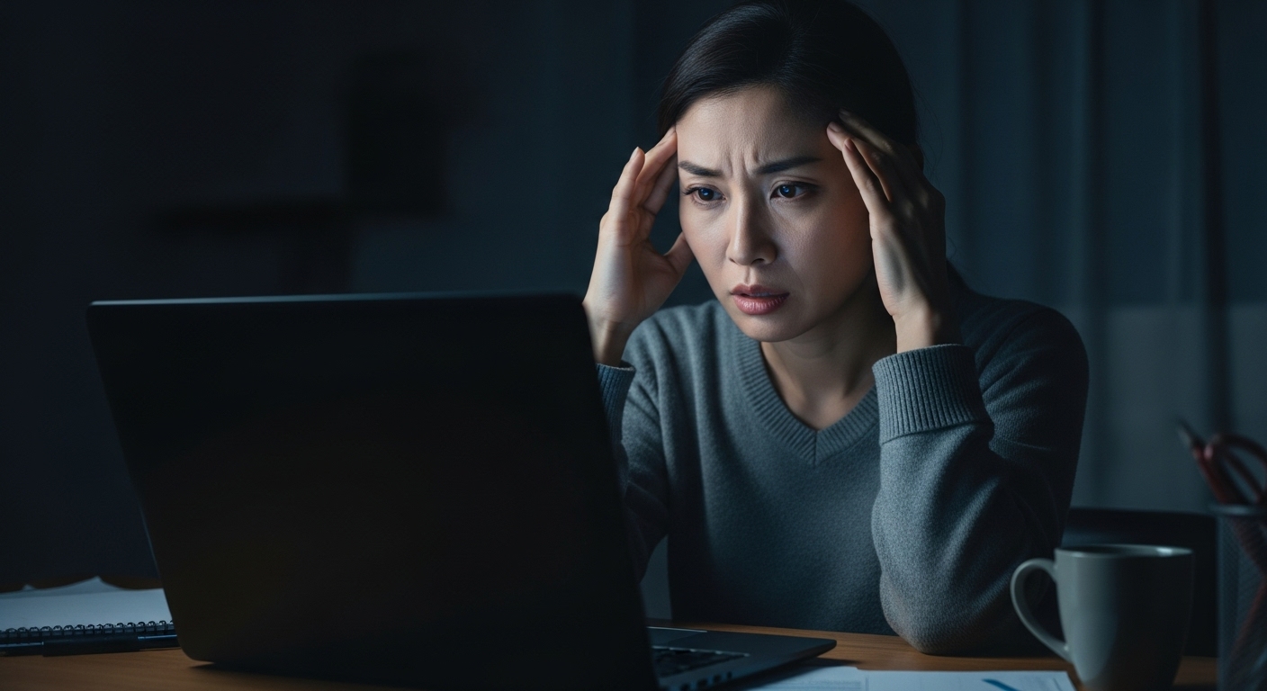 深夜残業でPCの光に照らされる疲れ切った女性