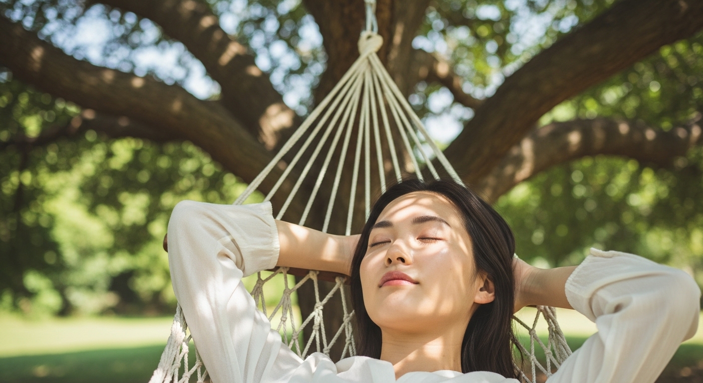 木陰のハンモックでうたた寝をするリラックスした女性