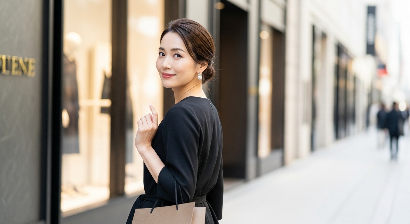 高級ショッピングエリアを優雅に歩く女性