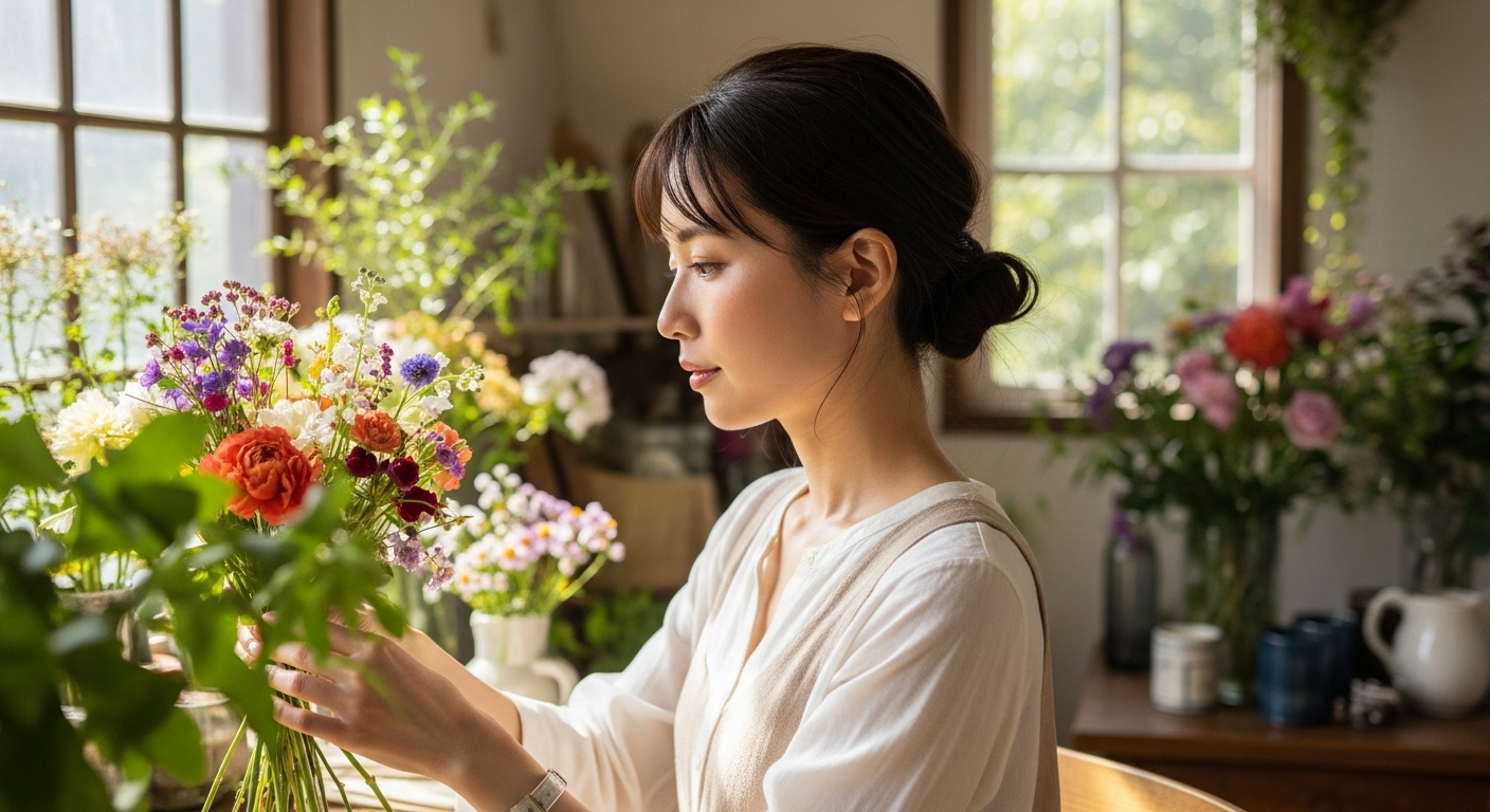アトリエで趣味のフラワーアレンジメントを楽しむ女性