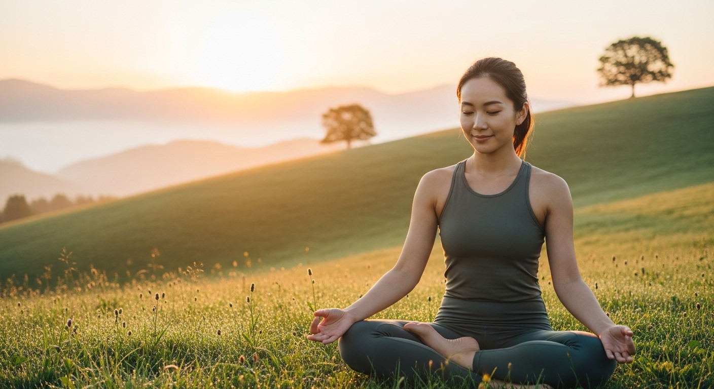 高原で朝ヨガをするナチュラルで健康的な女性