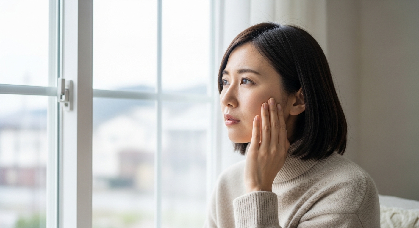 乾燥する季節に自分の肌のカサつきを憂う女性