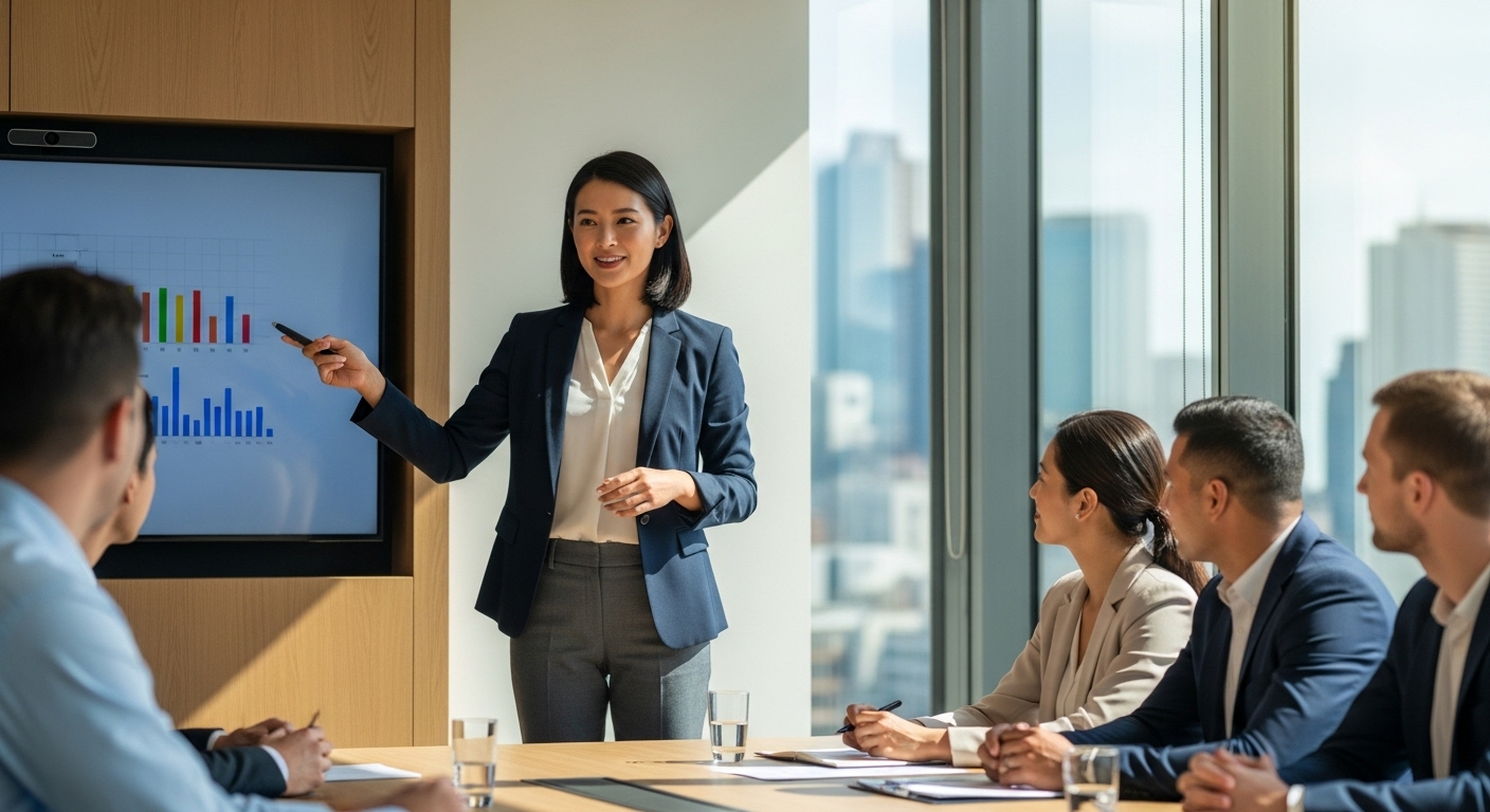 モダンなオフィスで自信を持ってプレゼンする女性